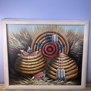 Painting of Native American Baskets in Corn Field signed by Thomas - Framed